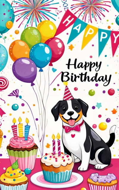 A dog sitting in front of a Birthday cake with candles and balloons on it, with a Birthday card in the background that says happy Birthday, plain background, a digital rendering, naive art