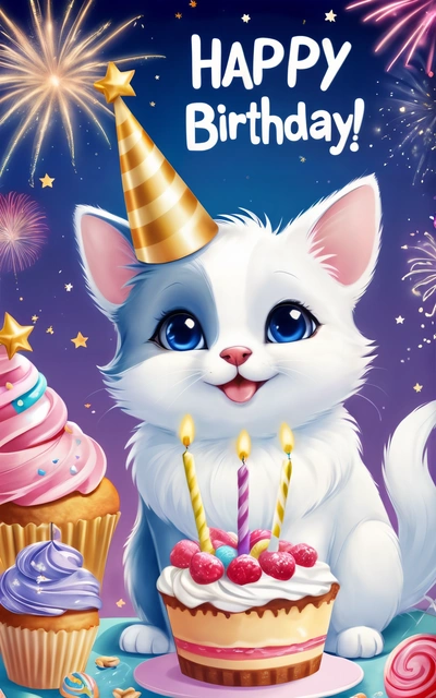 A white cat with a Birthday hat and cupcakes on a table with fireworks and stars in the background, with a happy Birthday card written in the middle, cute and funny, a pastel, furry art