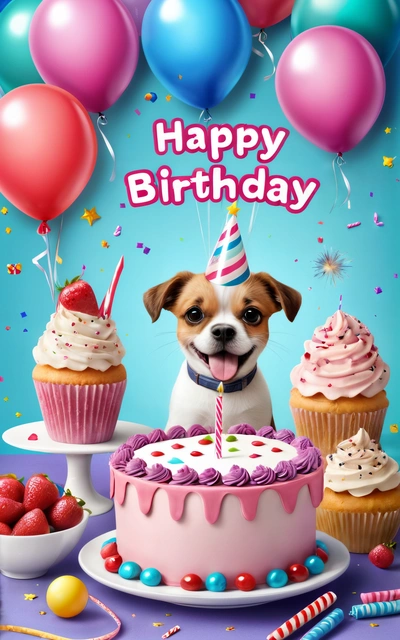 A dog is sitting in front of a Birthday cake with candles and balloons on it and a Birthday cake with a candle in the middle, cute and funny, a pastel, naive art