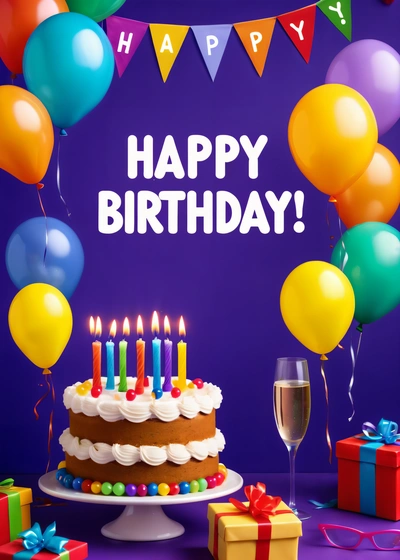 A Birthday cake with candles and balloons on a table with a glass of wine and a gift box with a candle on it and a purple background, plain background, a pastel, american barbizon school