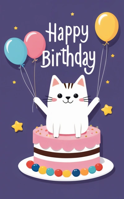 A cat is sitting on top of a cake with balloons and stars on it, and the words happy Birthday written in white lettering on the top of the cake, plain background, a pastel, furry art