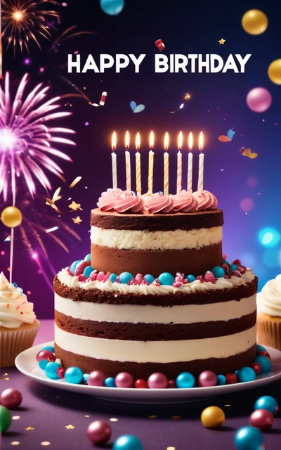 A Birthday cake with candles and decorations on a table with confetti and fireworks in the background with a purple sky and stars and purple background, 4k uhd image, a pastel, altermodern