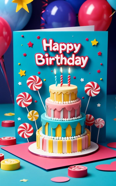 A Birthday cake with lollipops and a happy Birthday card on it's side with balloons and confetti around it, plain background, a pastel, international typographic style
