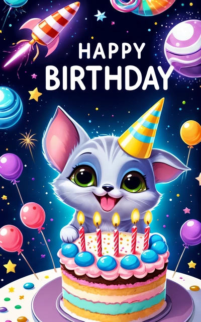 A Birthday card with a cat with a Birthday cake and balloons in the background and a space theme with a rocket ship and a rocket, cute and funny, a screenshot, furry art