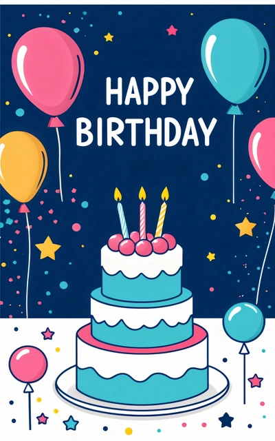 A Birthday cake with candles and balloons on a table with a blue background and a happy Birthday message in the middle of the card reads, happy Birthday, colorful flat surreal design, a pastel, barbizon school