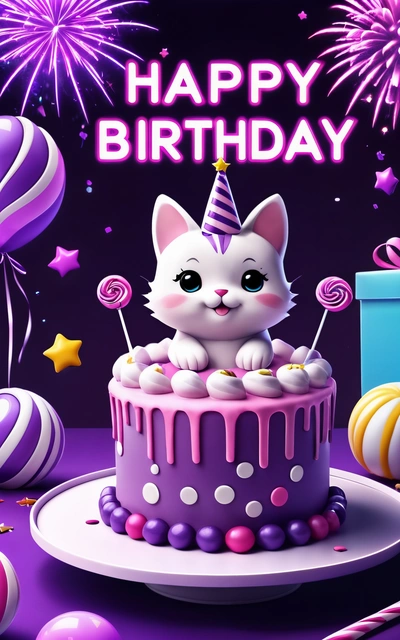 A cat sitting on top of a purple cake with a Birthday hat on it's head and a purple background with balloons and stars, happy, a pastel, net art