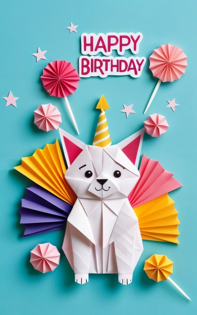 A cat with a party hat and some paper fans on a blue background with a happy Birthday sign in the background with stars and a happy Birthday, paper texture, a 3d render, international typographic style