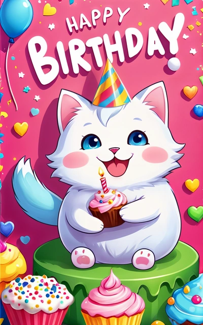 A happy Birthday card with a cat holding a cupcake and a candle on top of a cake with a happy Birthday message on it, league of legends splash art, a pastel, furry art