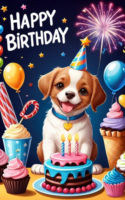 A dog sitting in front of a Birthday cake with candles and cupcakes on it, with a happy Birthday message in the middle, cute and funny, a digital rendering, furry art