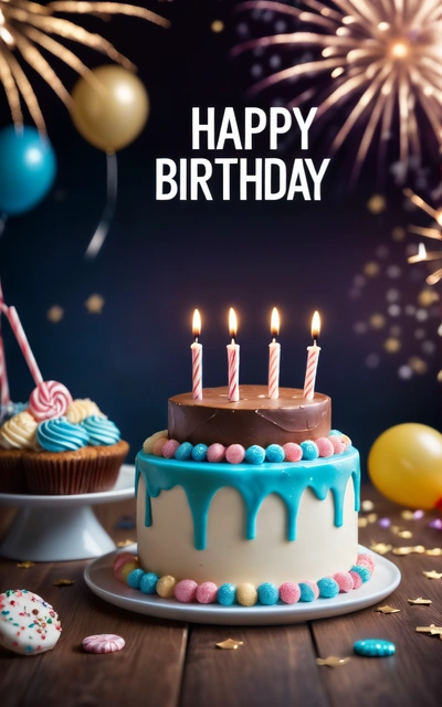 A Birthday cake with lit candles on a table with balloons and confetti on the table and a Birthday card in the background with a happy Birthday message, dark background, a pastel, american barbizon school