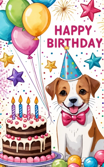 A dog with a Birthday hat and balloons with a cake and balloons in the background with a happy Birthday message on it's card, plain background, a digital rendering, naive art