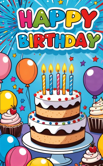 A Birthday card with a cake and balloons on it with the words happy Birthday written in the middle of the card and a lot of balloons and confetti, plain background, a pastel, american barbizon school