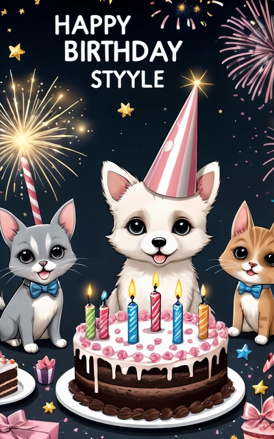 A Birthday card with two cats and a cake with candles and a cat wearing a bow tie and a cat wearing a bow tie and a Birthday hat, cute and funny, a screenshot, furry art