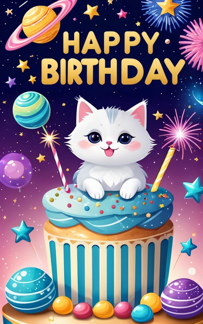 A Birthday card with a cat sitting on top of a cupcake with a candle in it and a space theme in the background with stars and a, plain background, a pastel, naive art