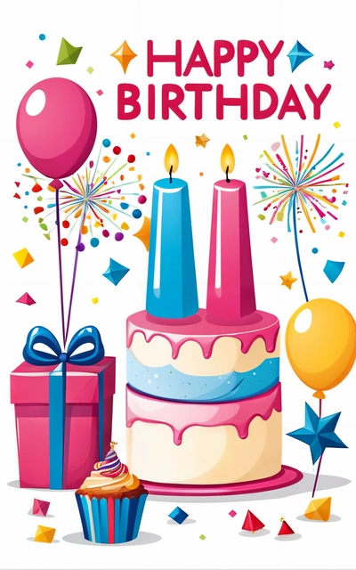 A Birthday card with a cake and presents on it and a balloon and a gift box with a candle on it and a balloon and a star, plain background, a pastel, naive art