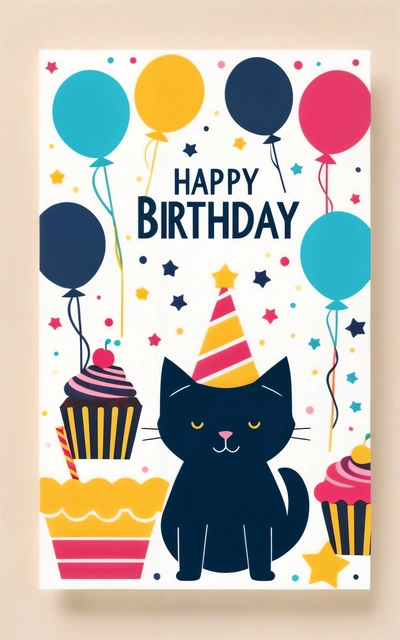 A Birthday card with a cat and cupcakes on it, with balloons and stars around it, and a happy Birthday message in the middle, plain background, a pastel, international typographic style