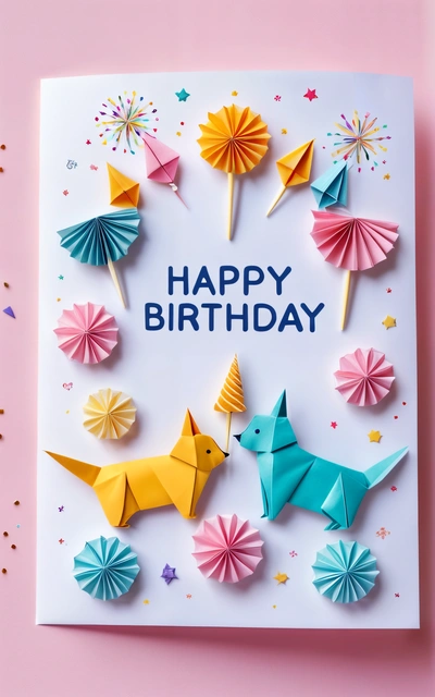A Birthday card with origami animals and umbrellas on it, and the words happy Birthday written on the card, on a pink background, paper texture, a poster, international typographic style