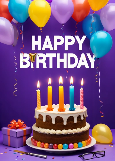 A Birthday cake with candles and balloons on a table with a purple background and a purple backdrop with a purple box and a purple box with a, affinity photo, a pastel, international typographic style