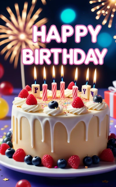 A Birthday cake with lit candles and berries on it with a fireworks in the background with a happy Birthday message written on it with a, plain background, a pastel, net art