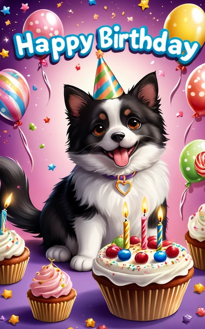 A happy Birthday card with a dog and cupcakes with candles and balloons in the background and a Birthday cake with candles in the middle, cute and funny, a pastel, furry art