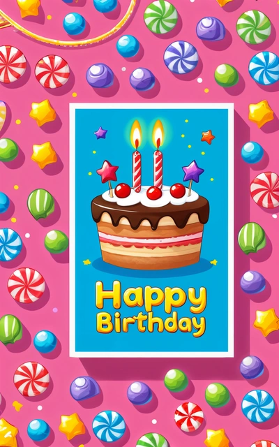 A Birthday card with a cake and candy on a pink background with a blue background and a happy Birthday message in the middle of the card, plain background, a pastel, naive art