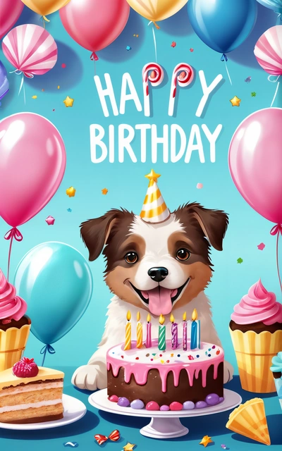 A happy Birthday card with a dog and cupcakes and balloons in the background with a happy Birthday message in the middle of the card, plain background, a digital rendering, naive art