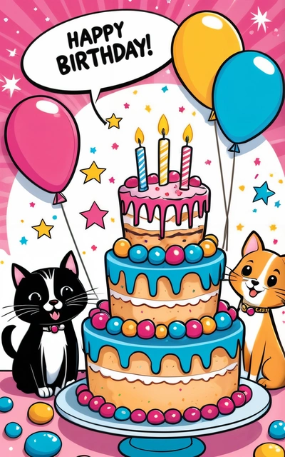 A Birthday card with a cat and a cake with candles and balloons on it and a cat sitting next to it with a balloon in the background, cute and funny, a pastel, naive art