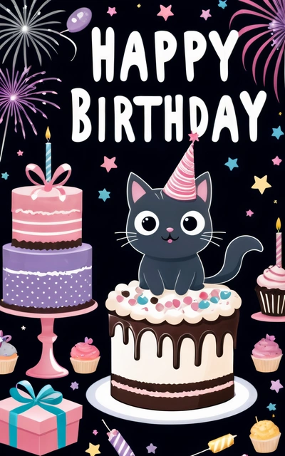 A Birthday card with a cat sitting on top of a cake and a Birthday cake with a candle and a gift box in the background, plain background, a pastel, american barbizon school