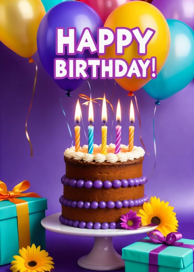 A Birthday cake with candles and balloons on a table with a gift box and flowers and a purple background with a purple background and a purple background, plain background, a pastel, american barbizon school