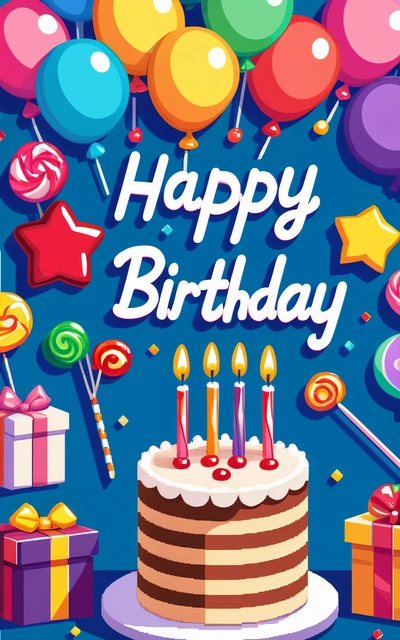 A Birthday cake with candles and balloons on a blue background with a happy Birthday message in the center of the cake is a box of candy and a, plain background, a pastel, international typographic style