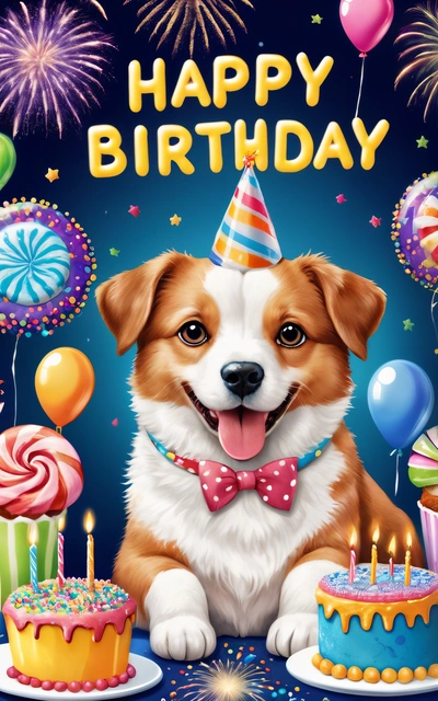 A happy Birthday card with a dog and cake with candles and balloons in the background and a Birthday hat on top of the card is a Birthday cake, highly detailed digital painting, a digital rendering, furry art