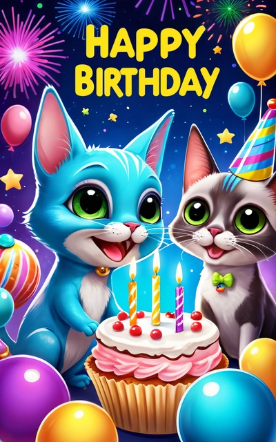 A happy Birthday card with two cats and a cupcake with candles and balloons in the background and a fireworks and stars in the sky, cute and funny, a screenshot, naive art