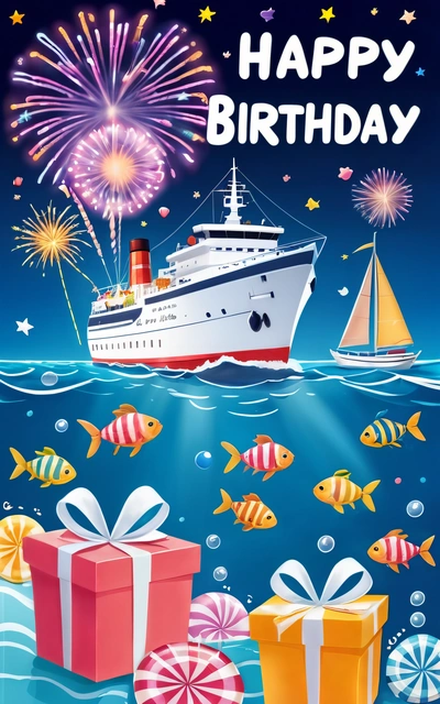 A Birthday card with a boat and gifts in the water and fireworks in the sky above it and a boat with a gift box in the water, poster, a digital rendering, naive art