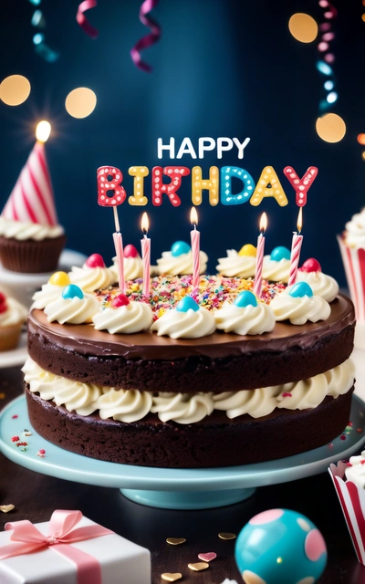 A Birthday cake with candles and decorations on a table with confetti and candles on it and a blue plate with a Birthday cake, dark background, a pastel, international typographic style