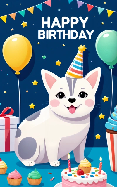 A white cat sitting in front of a Birthday cake with a candle on it and balloons and confetti on the table next to it, happy, a screenshot, furry art