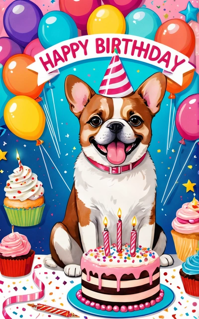 A dog is sitting in front of a Birthday cake with candles and balloons on it, with a banner that says happy Birthday to the dog, highly detailed digital art, a digital rendering, naive art