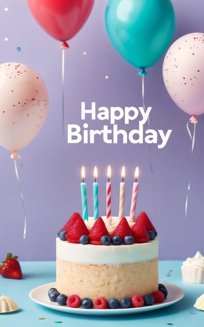 A Birthday cake with candles and strawberries on a plate with balloons and confetti on the table with a purple background with a happy Birthday message, promotional image, a pastel, international typographic style