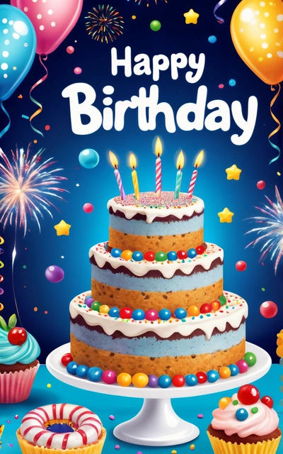 A Birthday cake with candles and balloons on a table with a blue background and a blue sky with stars and clouds and a blue sky with white and blue, behance hd, a pastel, american barbizon school