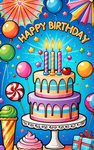 A Birthday cake with candles and balloons on a blue background with a happy Birthday message in the center of the cake is a cupcake, a, plain background, a pastel, naive art