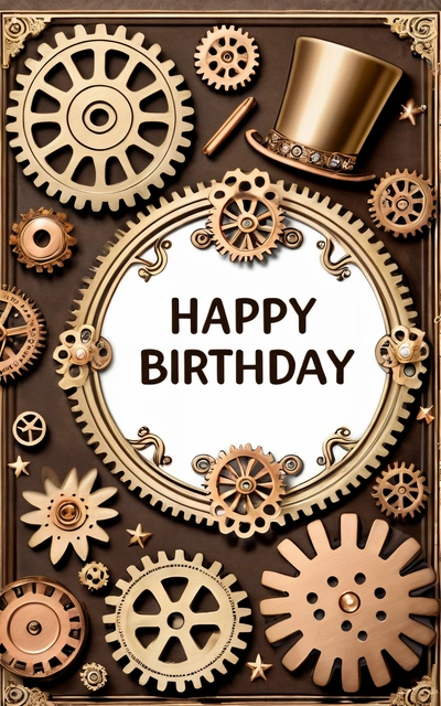 A Birthday card with a top hat and gears on it, and the words happy Birthday written in a circle surrounded by gears and cogs, steampunk, a poster, international typographic style