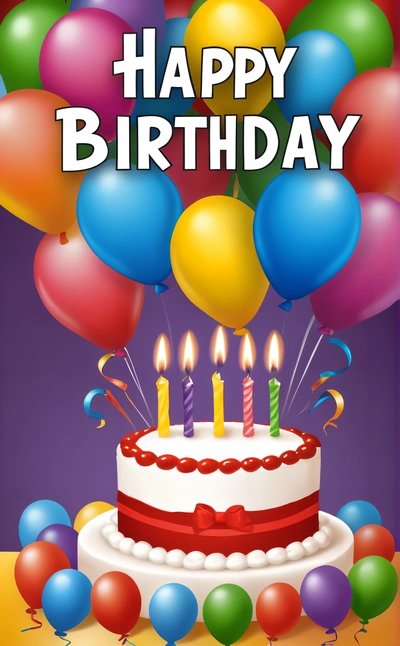 A Birthday cake with candles and balloons on it with a happy Birthday message in the middle of the image with the words happy Birthday written on the, plain background, a pastel, american barbizon school