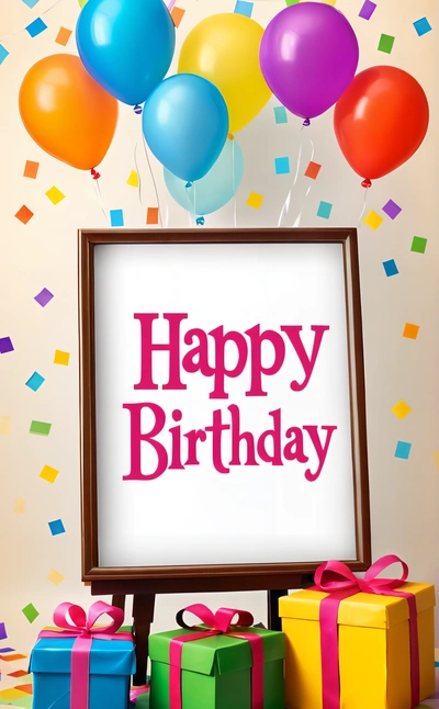 A Birthday sign with balloons and presents in front of it with a happy Birthday message on it and a box with a bow and balloons, plain background, a pastel, international typographic style
