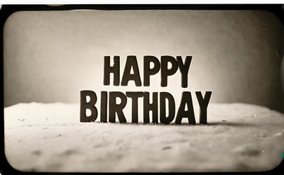 A black and white photo of a happy Birthday sign with the words happy Birthday written in black on a white surface with a black border, plain background, a pastel, international typographic style