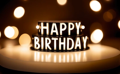 A Birthday cake with candles lit up in the background and a happy Birthday message on top of it that says happy Birthday on a cake, dark background, a 3d render, international typographic style