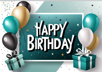 A Birthday card with balloons and presents on it with a happy Birthday message in the middle of the card is a green box with a bow and a, plain background, a pastel, international typographic style