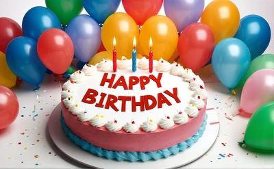 A Birthday cake with candles and balloons around it on a table with a white tablecloth and white tablecloth with a red and blue cake with white frosting, happy, a pastel, international typographic style