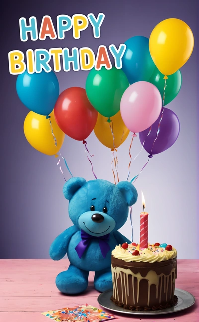 A blue teddy bear sitting in front of a Birthday cake with balloons and a candle on it, with a purple background and a purple background, happy, a pastel, net art