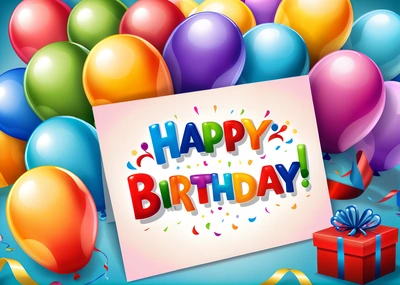A Birthday card with balloons and a gift box with a happy Birthday message on it, surrounded by streamers and streamers of confetti, plain background, a pastel, international typographic style