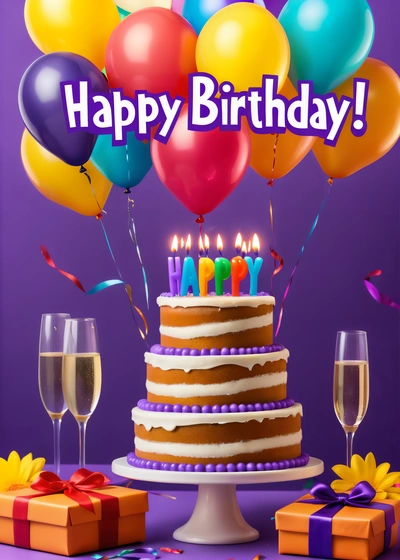 A Birthday cake with candles and balloons on a table with presents and a wine glass on it with a purple background and a purple background, plain background, a pastel, american barbizon school