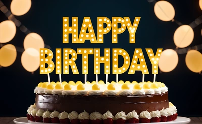 A Birthday cake with candles that say happy Birthday on it with lights in the background and a string of lights hanging from the ceiling above, dark background, a pastel, international typographic style